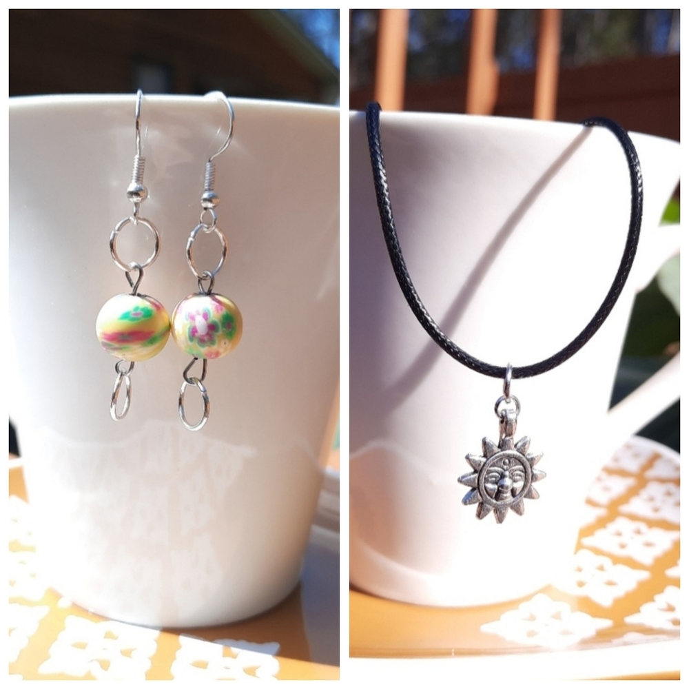 Dainty Sun Necklace & Yellow Floral Circle Earrings Bundle